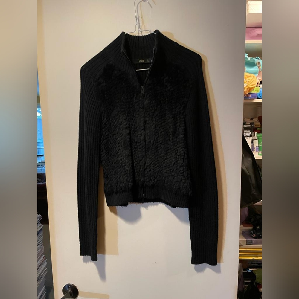 Bedo black rabbit fur cardigan sweater, small